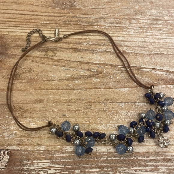 Vintage Aeropostale Brown Leather Blue Beaded Choker Collar Statement Necklace - Picture 3 of 3